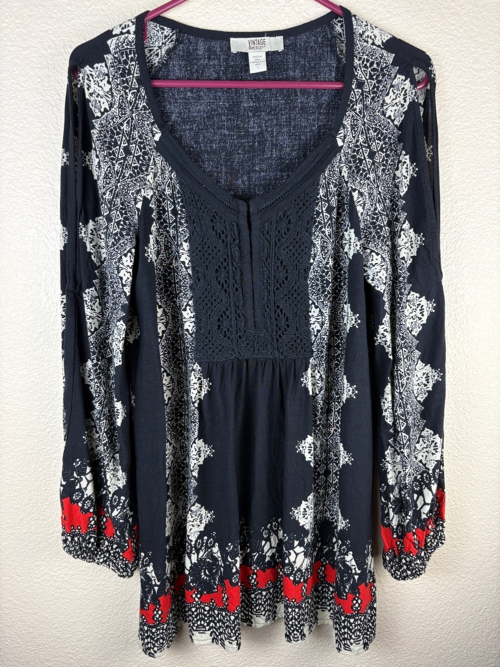 Vintage America Blues Boho Romantic Crochet Lace Black Red Cream Tunic Top Large